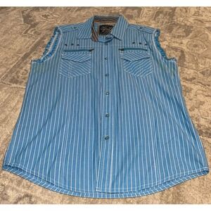 Men's Blue Stripe Button Down Shirt Drill Clothing Co Sleeveless Sz Large Biker